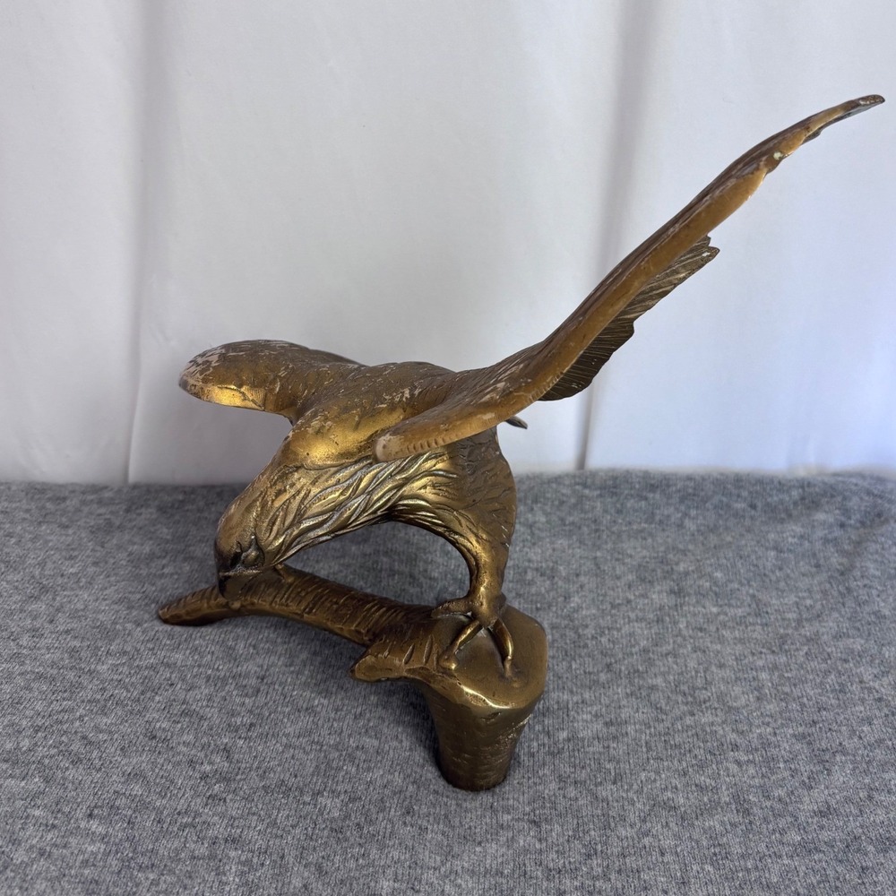 Vintage Brass Eagle Figurine Perched on Branch Statue Mid Century 13 inch Span